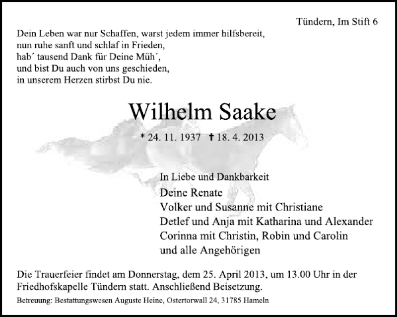  Traueranzeige für Wilhelm Saake vom 22.04.2013 aus Deister- und Weserzeitung