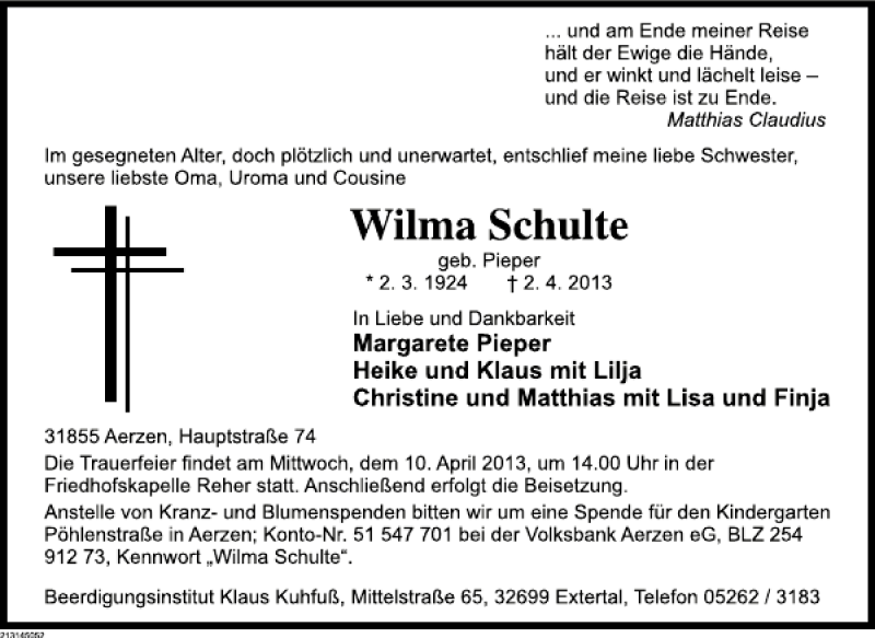  Traueranzeige für Wilma Schulte vom 05.04.2013 aus Deister- und Weserzeitung