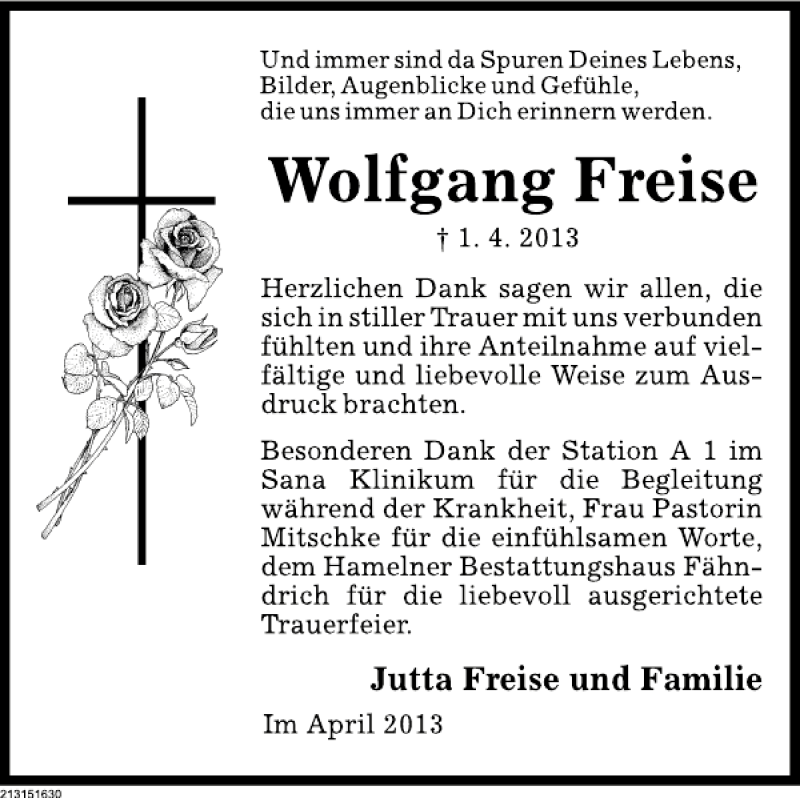  Traueranzeige für Wolfgang Freise vom 20.04.2013 aus Deister- und Weserzeitung
