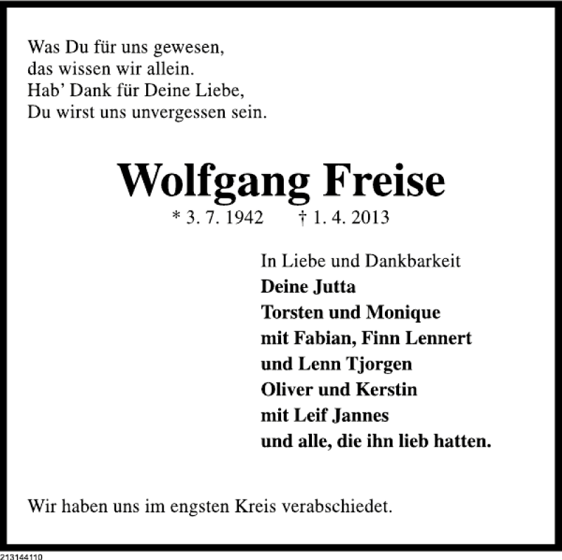  Traueranzeige für Wolfgang Freise vom 06.04.2013 aus Deister- und Weserzeitung