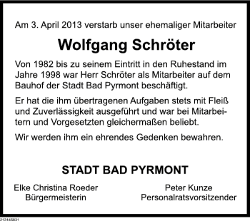 Traueranzeige von Wolfgang Schröter von Deister- und Weserzeitung