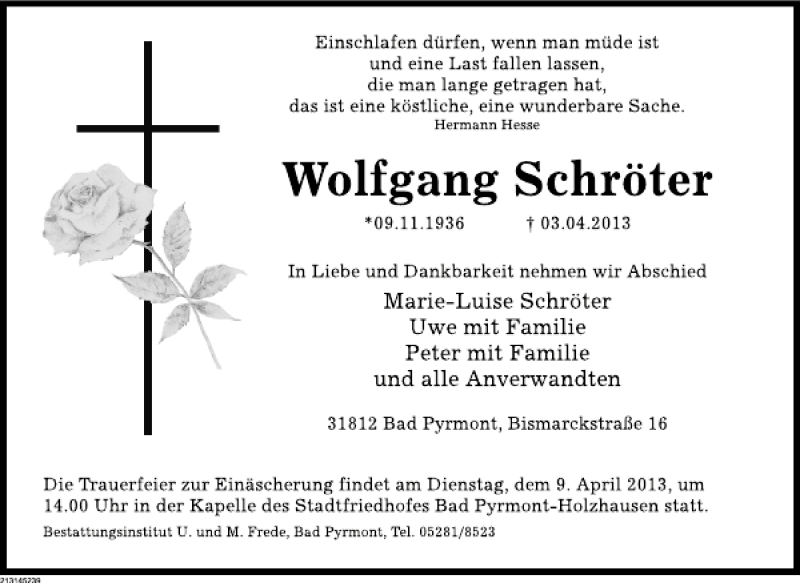  Traueranzeige für Wolfgang Schröter vom 06.04.2013 aus Deister- und Weserzeitung
