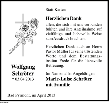 Traueranzeige von Wolfgang Schröter von Deister- und Weserzeitung