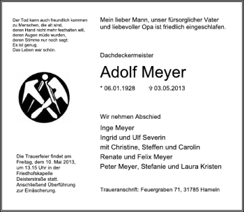 Traueranzeige von Adolf Meyer von Deister- und Weserzeitung