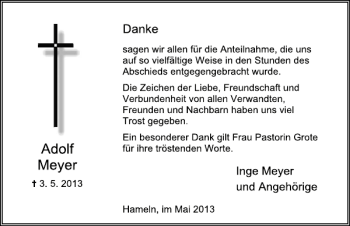 Traueranzeige von Adolf Meyer von Deister- und Weserzeitung