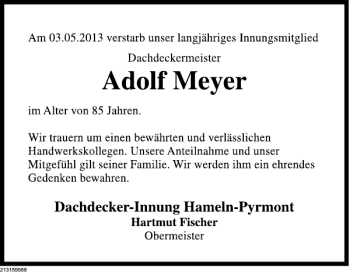 Traueranzeige von Adolf Meyer von Deister- und Weserzeitung