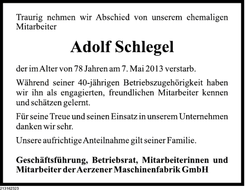  Traueranzeige für Adolf Schlegel vom 15.05.2013 aus Deister- und Weserzeitung