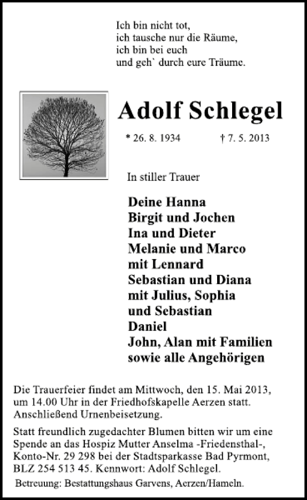  Traueranzeige für Adolf Schlegel vom 11.05.2013 aus Deister- und Weserzeitung