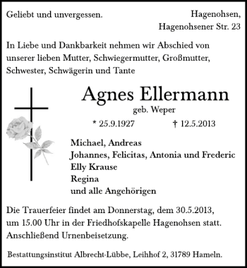 Traueranzeige von Agnes Ellermann von Deister- und Weserzeitung