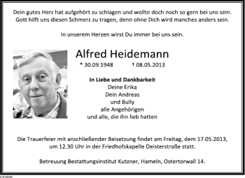 Traueranzeige von Alfred Heidemann von Deister- und Weserzeitung
