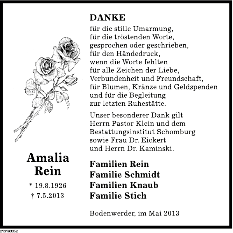  Traueranzeige für Amalia Rein vom 18.05.2013 aus Deister- und Weserzeitung