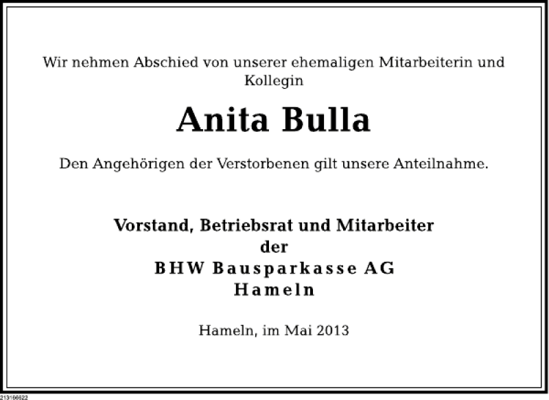  Traueranzeige für Anita Bulla vom 24.05.2013 aus Deister- und Weserzeitung