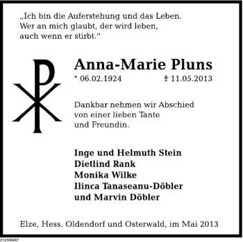 Traueranzeige von Anna-Marie Pluns von Deister- und Weserzeitung