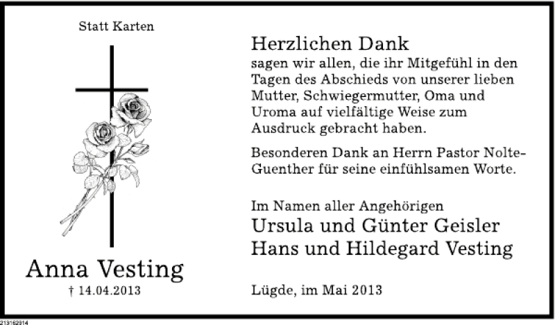  Traueranzeige für Anna Vesting vom 18.05.2013 aus Deister- und Weserzeitung