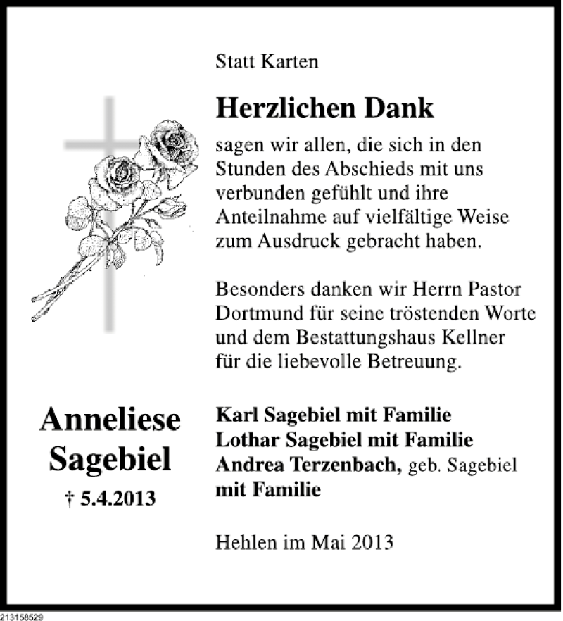  Traueranzeige für Anneliese Sagebiel vom 04.05.2013 aus Deister- und Weserzeitung