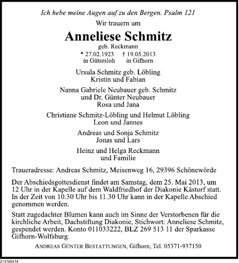  Traueranzeige für Anneliese Schmitz vom 22.05.2013 aus Deister- und Weserzeitung