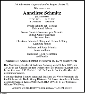 Traueranzeige von Anneliese Schmitz von Deister- und Weserzeitung