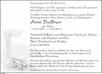 Traueranzeige von Anni Beißner von Deister- und Weserzeitung