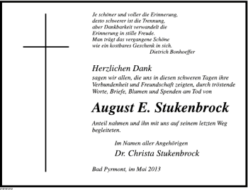 Traueranzeige von August E. Stukenbrock von Deister- und Weserzeitung