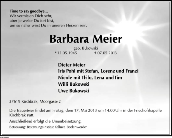 Traueranzeige von Barbara Meier von Deister- und Weserzeitung