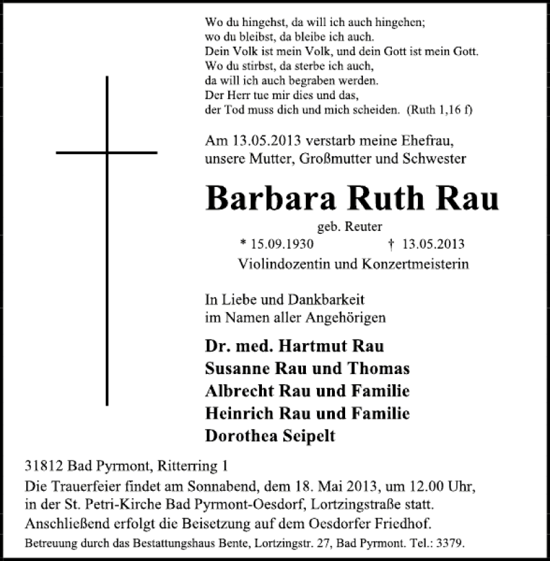  Traueranzeige für Barbara Rau vom 15.05.2013 aus Deister- und Weserzeitung
