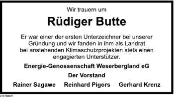 Traueranzeige von Butte  von Deister- und Weserzeitung