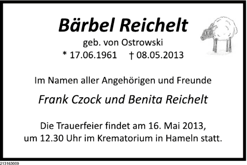  Traueranzeige für Bärbel Reichelt vom 16.05.2013 aus Deister- und Weserzeitung