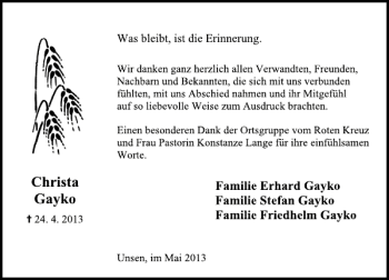 Traueranzeige von Christa Gayko von Deister- und Weserzeitung