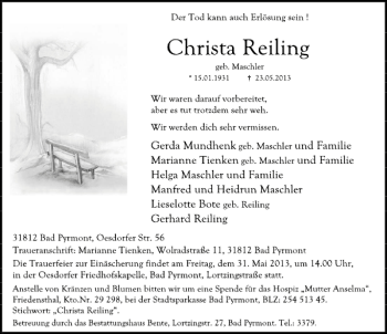 Traueranzeige von Christa Reiling von Deister- und Weserzeitung