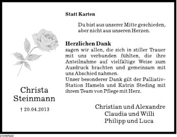 Traueranzeige von Christa Steinmann von Deister- und Weserzeitung
