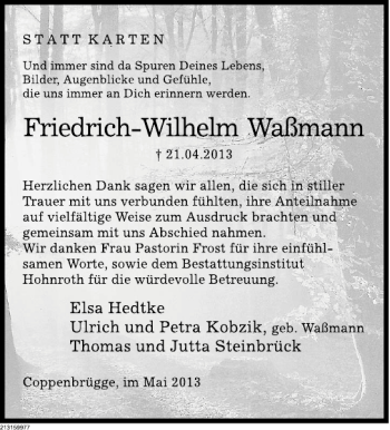 Traueranzeige von DS Friedrich-Wilhelm Waßmann von Deister- und Weserzeitung