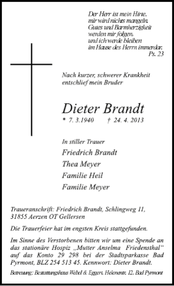 Traueranzeige von Dieter Brandt von Deister- und Weserzeitung