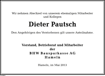 Traueranzeige von Dieter Pautsch von Deister- und Weserzeitung