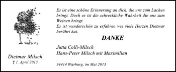 Traueranzeige von Dietmar Milsch von Deister- und Weserzeitung