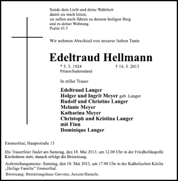 Traueranzeige von Edeltraud Hellmann von Deister- und Weserzeitung
