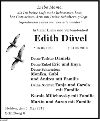 Traueranzeige von Edith Düvel von Deister- und Weserzeitung