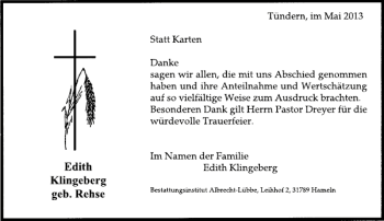 Traueranzeige von Edith Klingeberg von Deister- und Weserzeitung