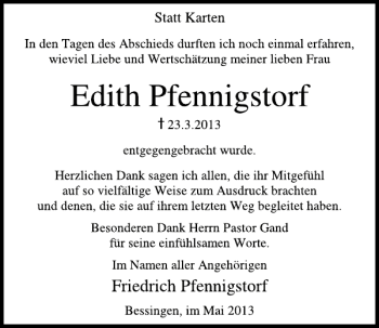 Traueranzeige von Edith Pfennigstorf von Deister- und Weserzeitung