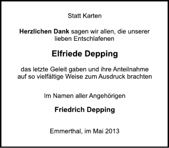 Traueranzeige von Elfriede Depping von Deister- und Weserzeitung