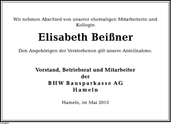 Traueranzeige von Elisabeth Beißner von Deister- und Weserzeitung
