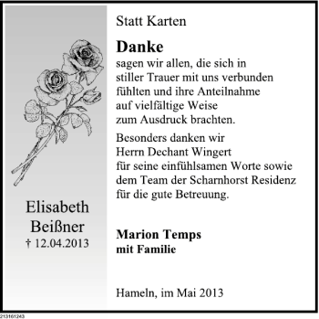 Traueranzeige von Elisabeth Beißner von Deister- und Weserzeitung