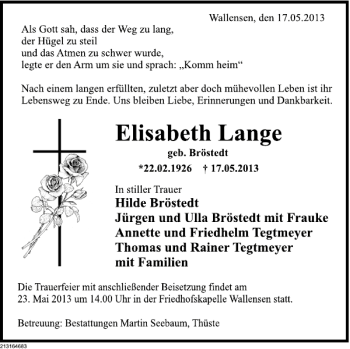Traueranzeige von Elisabeth Lange von Deister- und Weserzeitung
