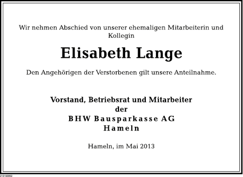  Traueranzeige für Elisabeth Lange vom 23.05.2013 aus Deister- und Weserzeitung