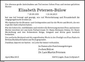Traueranzeige von Elisabeth Petersen-Bülow von Deister- und Weserzeitung