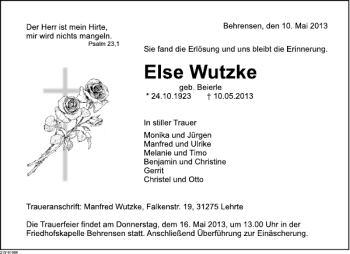 Traueranzeige von Else Wutzke von Deister- und Weserzeitung