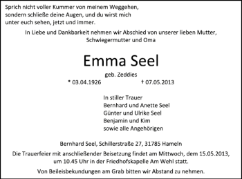 Traueranzeige von Emma Seel von Deister- und Weserzeitung