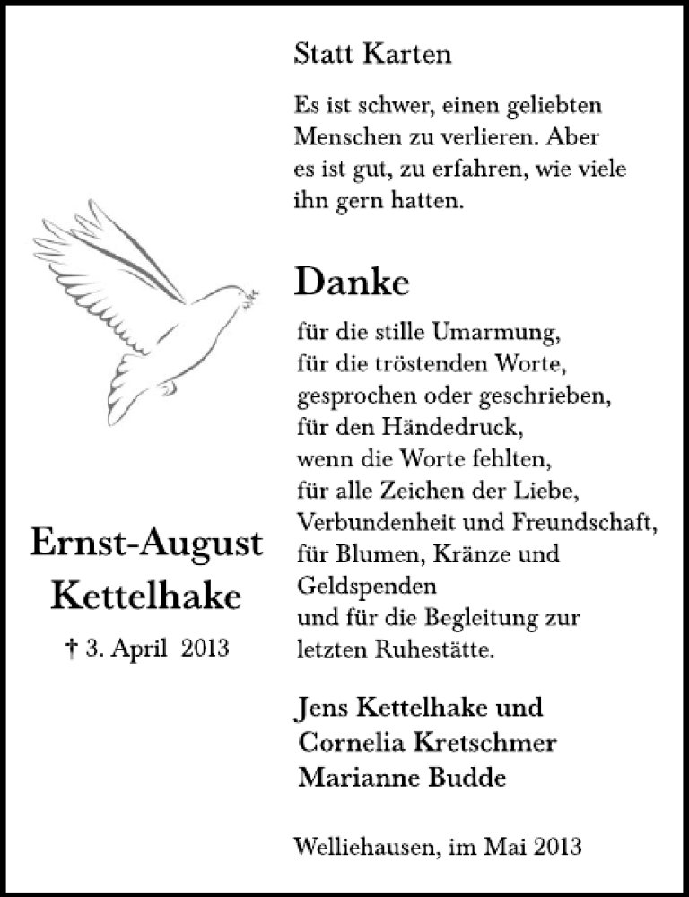  Traueranzeige für Ernst-August Kettelhake vom 04.05.2013 aus Deister- und Weserzeitung