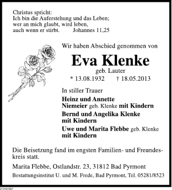 Traueranzeige von Eva Klenke von Deister- und Weserzeitung