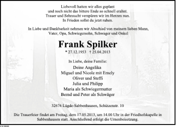 Traueranzeige von Frank Spilker von Deister- und Weserzeitung