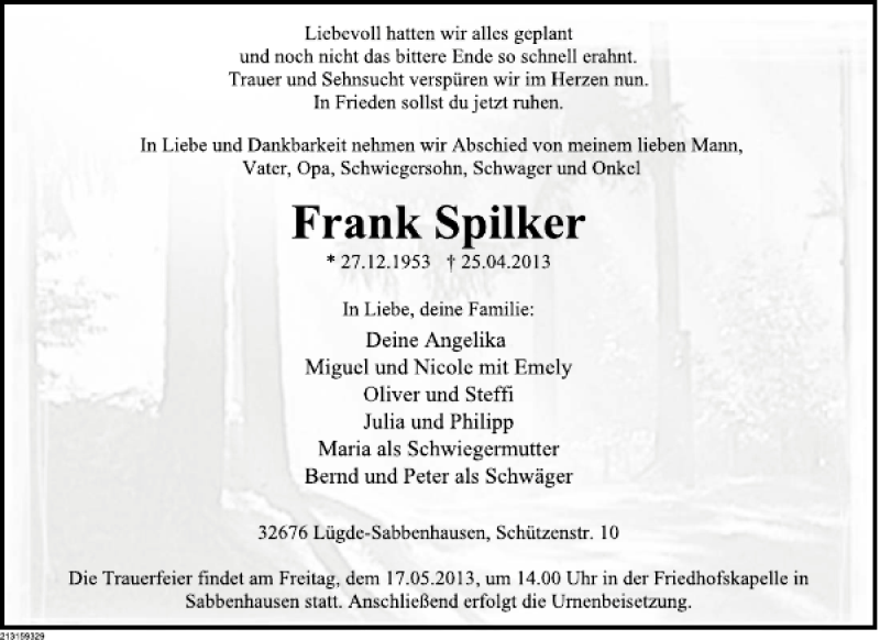  Traueranzeige für Frank Spilker vom 11.05.2013 aus Deister- und Weserzeitung